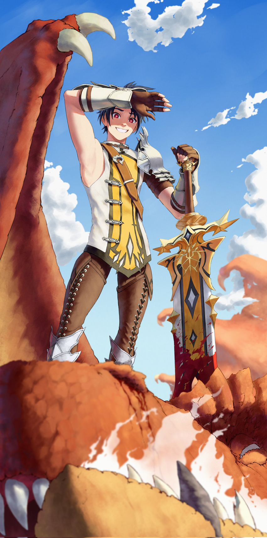 1boy, absurdres, aleksander_ryback, aqwariate, armor, black_hair, blood, blood_on_weapon