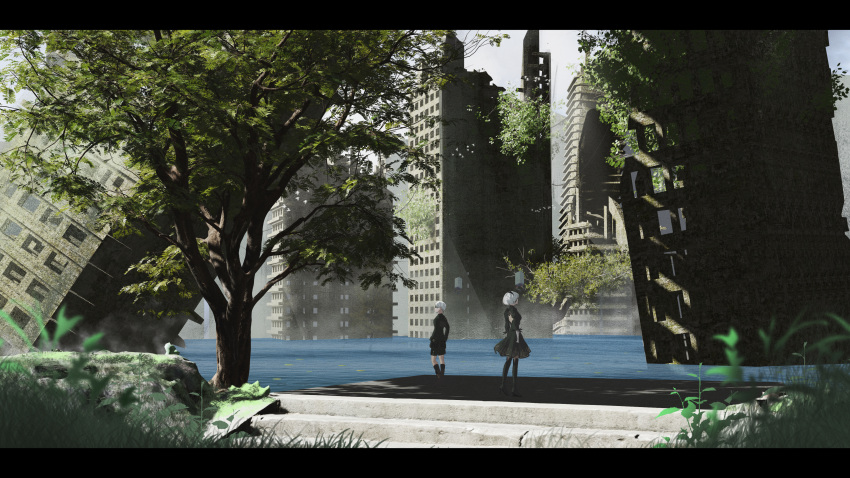 1boy, 1girl, 2b_(nier:automata), 9s_(nier:automata), absurdres, black_boots, black_dress, black_jacket