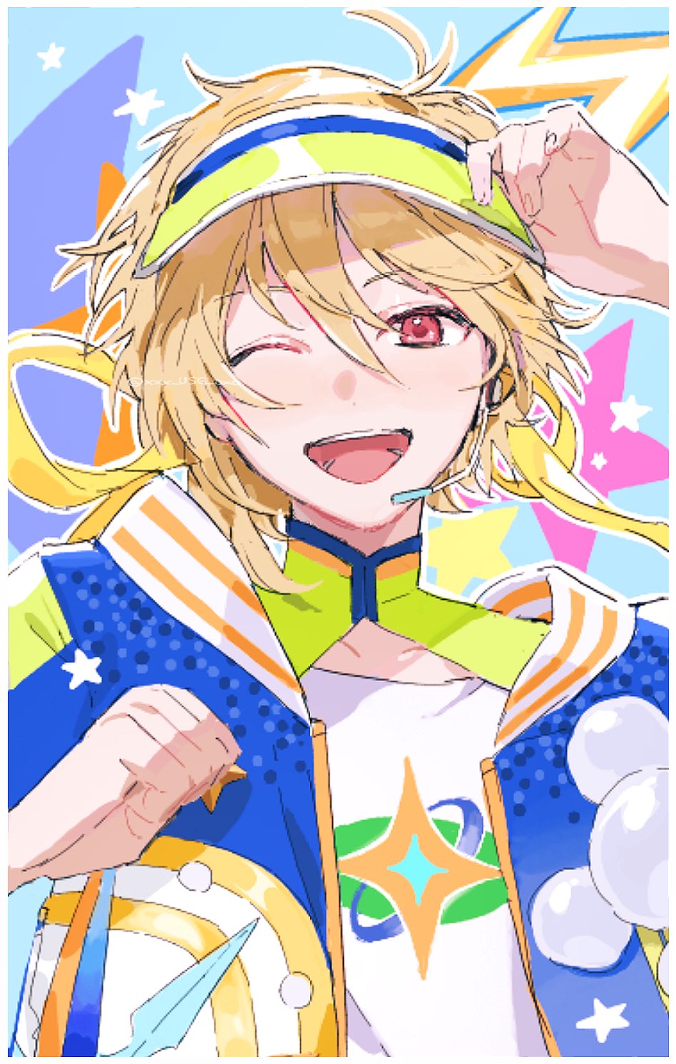 1boy, adjusting_clothes, adjusting_headwear, arm_up, blonde_hair, clenched_hand, commentary_request, ensemble_stars!, fingernails, hand_up, headset, highres, looking_at_viewer, male_focus, nito_nazuna, niu_(xxx_usg_oxo), official_alternate_costume, one_eye_closed, open_mouth, red_eyes, sailing_ceremony_(ensemble_stars!), smile, solo, star_(symbol), teeth, upper_body