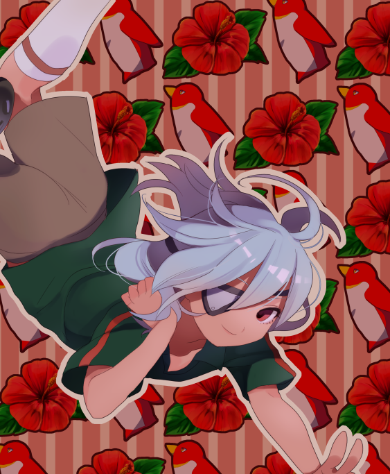 bird, eyepatch, falling, flower, hibiscus, inazuma_eleven, inazuma_eleven_(series), kneehighs
