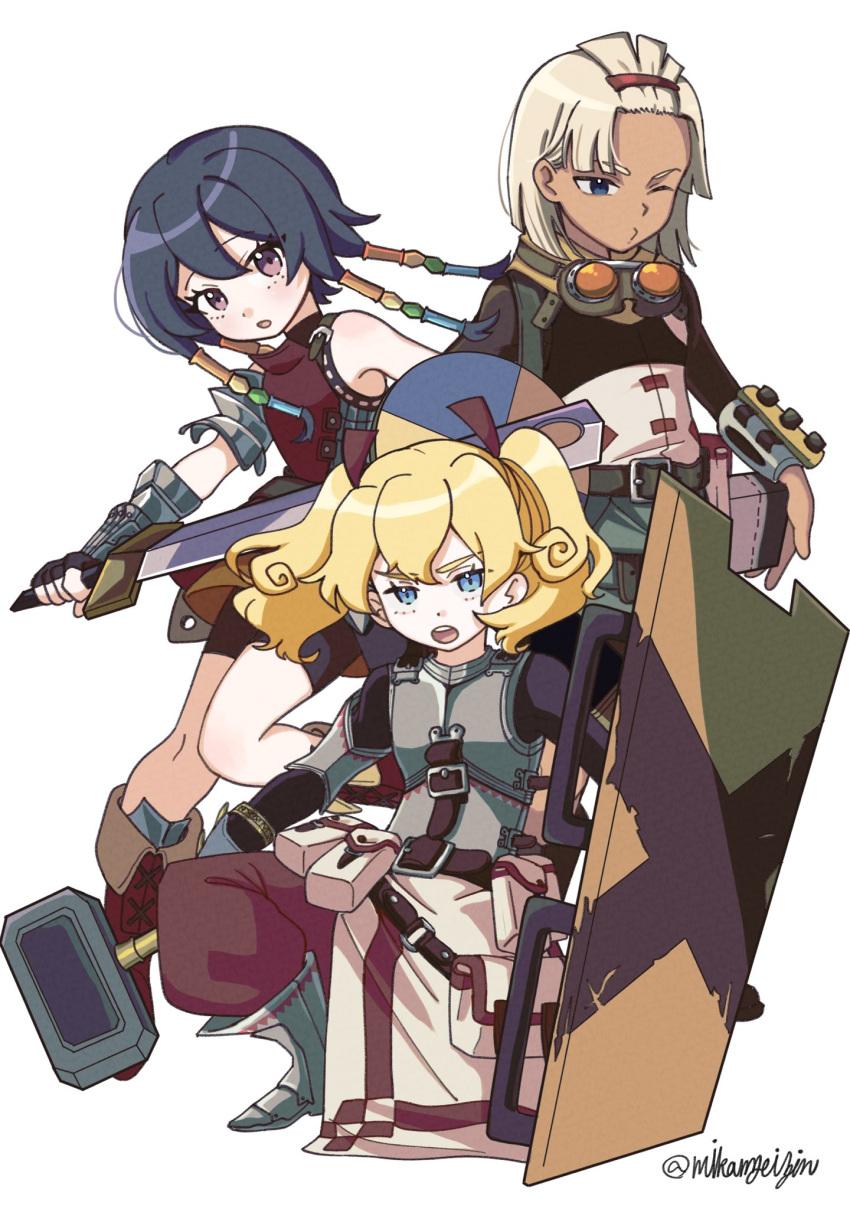 1girl, 2boys, :o, baggy_pants, bike_shorts, black_hair, blonde_hair, blue_eyes