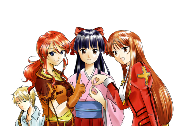 1boy, 3girls, anniversary, black_hair, blonde_hair, blue_eyes, brown_eyes, brown_hair, collar, cowboy_western, cross, dress, erica_fontaine, finger_counting, freckles, gemini_sunrise, gloves, hair_ribbon, hat, hugo_juliard, index_finger_raised, jacket, japanese_clothes, jewelry, juliet_sleeves, kanakoz, kimono, latin_cross, long_hair, long_sleeves, looking_at_viewer, multiple_girls, necklace, number-shaped_hands, orange_jacket, orange_skirt, pink_kimono, ponytail, puffy_sleeves, red_dress, red_gloves, red_hair, red_ribbon, red_skirt, ribbon, sakura_taisen, sakura_taisen:_kanade-gumi, sakura_taisen_iii, sakura_taisen_v, shinguuji_sakura, shirt, sidelocks, skirt, smile, white_collar, white_shirt, yellow_shirt