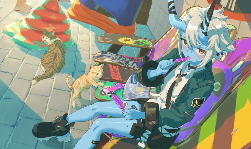 1girl, bag, bench, black_choker, black_horns, black_necktie, blue_horns, blue_oni