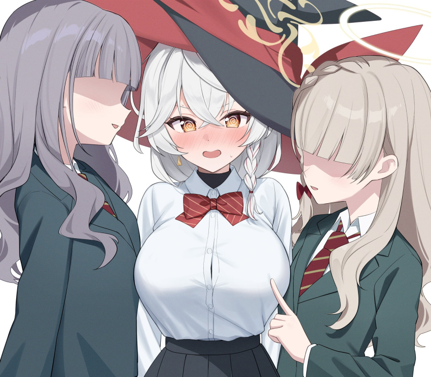 3girls, @_@, black_skirt, blazer, blonde_hair, blue_archive, blush, bow