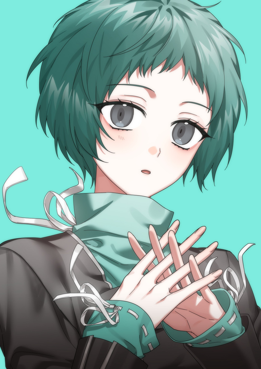 1girl, absurdres, aircon11, aqua_hair, aqua_sweater, black_jacket, blush, eyelashes