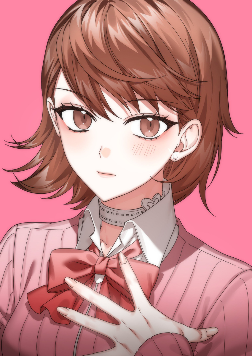 1girl, absurdres, aircon11, blush, bow, bowtie, brown_eyes, brown_hair