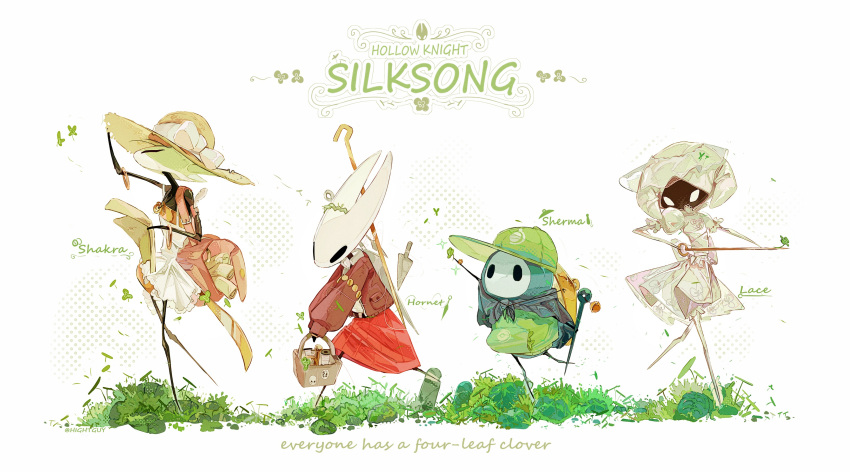 1boy, 3girls, absurdres, adjusting_clothes, adjusting_headwear, arm_up, bag, basket, belt, black_belt, black_capelet, bow, bracelet, brown_hat, capelet, character_name, commentary, copyright_name, dress, english_commentary, film_grain, frilled_dress, frills, full_body, gold_bracelet, grass, green_hat, halftone, halftone_background, hat, hat_bow, highres, hightguy, holding, holding_basket, holding_needle, holding_paper, hollow_eyes, hollow_knight, hollow_knight:_silksong, hornet_(hollow_knight), horns, jacket, jewelry, lace_(hollow_knight), leaf, long_sleeves, looking_ahead, looking_at_viewer, medium_skirt, multiple_girls, needle, open_clothes, open_jacket, paper, paper_roll, pocket, puffy_long_sleeves, puffy_sleeves, red_bag, red_jacket, red_skirt, see-through_clothes, see-through_veil, shakra, sherma_(hollow_knight), shirt, short_dress, shoulder_bag, simple_background, skirt, sleeveless, sleeveless_dress, standing, standing_on_one_leg, sun_hat, v_arms, veil, white_background, white_bow, white_dress, white_shirt