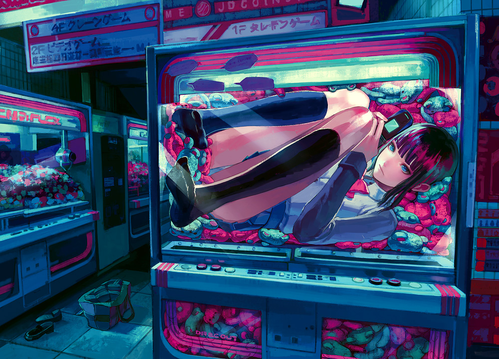 colorful, crane_game, feet, girl_in_a_box, hime_cut, in_container, kneehighs, legs