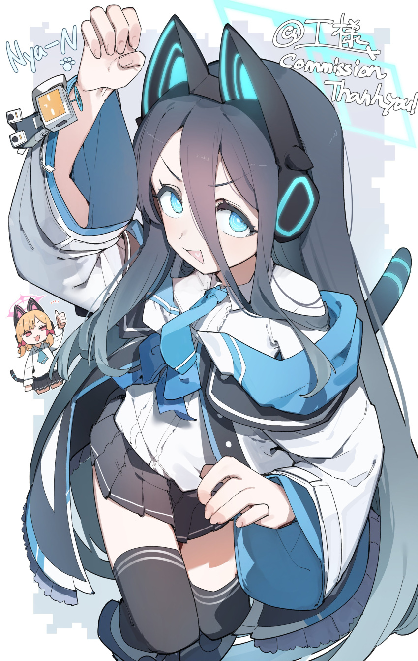 2girls, :d, absurdres, animal_ear_headphones, animal_ears, aris_(blue_archive), arm_up, black_hair, black_thighhighs, blonde_hair, blue_archive, blue_eyes, blue_halo, blue_jacket, blue_necktie, bow, collared_shirt, commentary, commentary_request, commission, dress_shirt, english_text, fake_animal_ears, hair_bow, halo, headphones, highres, jacket, kei_(robot)_(blue_archive), long_hair, long_sleeves, looking_at_viewer, maton_3110, momoi_(blue_archive), multicolored_jacket, multiple_girls, necktie, off_shoulder, open_mouth, pink_hair, pleated_skirt, red_bow, red_eyes, robot, shirt, skirt, smile, tail, thigh-highs, thumbs_up, v-shaped_eyebrows, very_long_hair, white_background, white_jacket, white_shirt, wide_sleeves