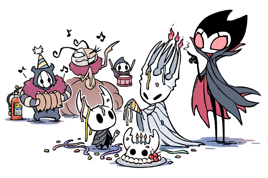 anniversary, arthropod_boy, arthropod_girl, brumm_(hollow_knight), cake, candle, cherry, commentary_request