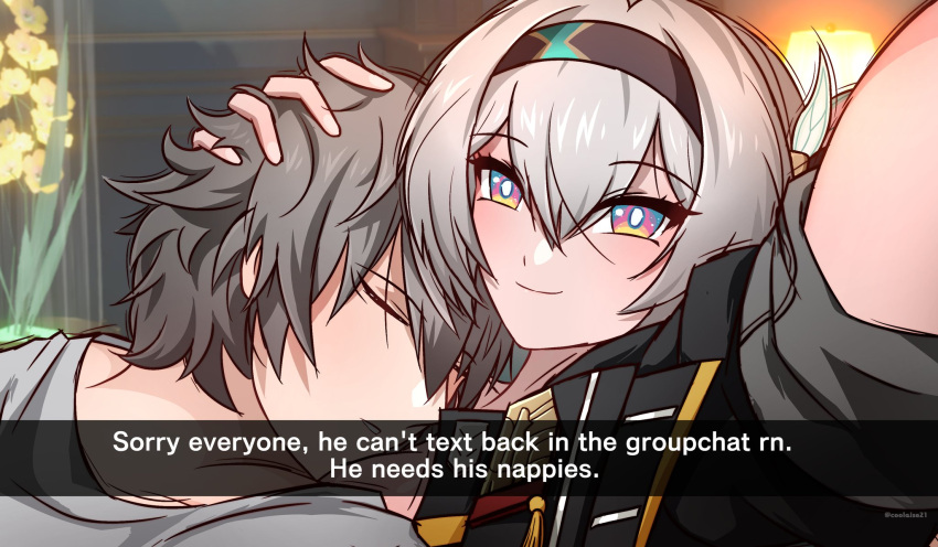 1boy, 1girl, black_hairband, black_jacket, black_ribbon, bright_pupils, c00laise, caelus_(honkai:_star_rail), closed_mouth, firefly_(honkai:_star_rail), gradient_eyes, grey_hair, hair_between_eyes, hair_intakes, hair_ornament, hair_ribbon, hairband, highres, honkai:_star_rail, honkai_(series), jacket, long_hair, multicolored_eyes, ribbon, shirt, sleeping, sleeping_on_person, smile, trailblazer_(honkai:_star_rail), white_pupils, white_shirt