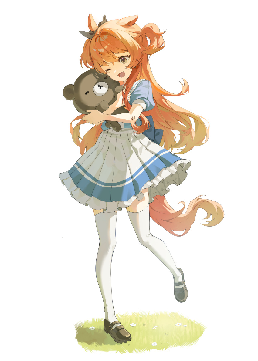 1girl, ;d, absurdres, animal_ears, back_bow, blue_bow, bow, brown_shoes, chairoikoguma, commentary, ear_bow, ear_ribbon, flower, full_body, grass, highres, holding, holding_stuffed_toy, horse_ears, horse_girl, horse_tail, hug, korean_commentary, leg_up, long_hair, mayano_top_gun_(umamusume), mixed-language_commentary, mlt0116, one_eye_closed, open_mouth, orange_eyes, orange_hair, orange_tail, pleated_skirt, puffy_short_sleeves, puffy_sleeves, san-x, school_uniform, shoes, short_sleeves, skirt, smile, solo, standing, stuffed_animal, stuffed_toy, tail, teddy_bear, thigh-highs, twintails, two_side_up, umamusume, white_background, white_thighhighs