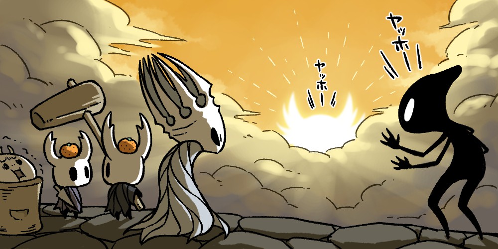 arthropod_boy, black_skin, clouds, collector_(hollow_knight), colored_skin, extra_arms, food, fruit