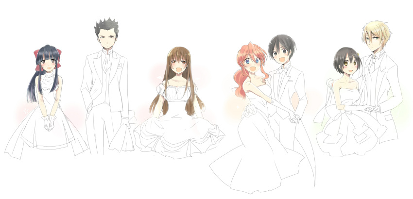 3boys, 4girls, black_eyes, black_hair, blonde_hair, blue_eyes, blush, bouquet, bride, brown_eyes, brown_hair, dress, erica_fontaine, fuurin_kingyou, gemini_sunrise, gloves, groom, hair_ribbon, hand_in_pocket, hetero, highres, holding, holding_bouquet, holding_hands, hugo_juliard, long_hair, long_sleeves, looking_at_viewer, miyabi_neko, multiple_boys, multiple_girls, oogami_ichirou, open_mouth, own_hands_clasped, own_hands_together, ponytail, puffy_sleeves, red_dress, red_gloves, red_hair, ribbon, sakura_taisen, sakura_taisen:_kanade-gumi, sakura_taisen_iii, sakura_taisen_v, shinguuji_sakura, sidelocks, skirt_hold, smile, spiky_hair, suit, taiga_shinjirou, wedding_dress, white_dress, white_gloves, white_suit
