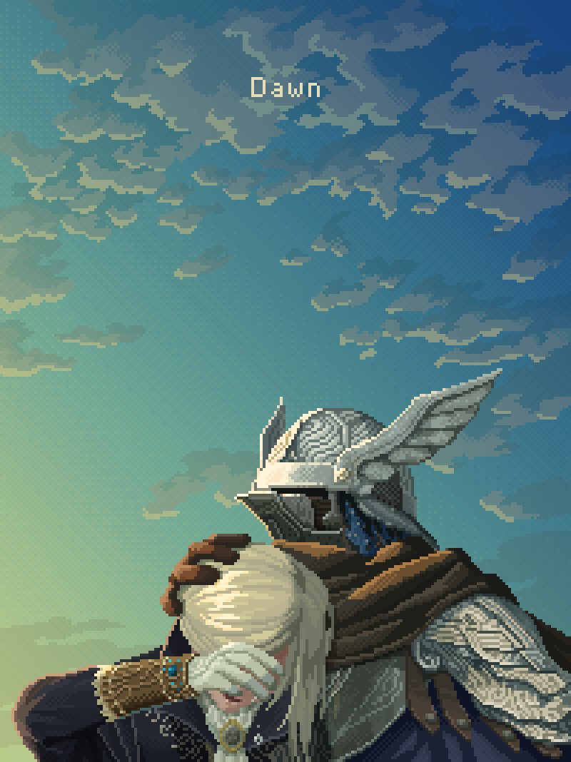 1boy, 1girl, armor, black_scarf, blonde_hair, blue_jacket, breastplate, brother_and_sister, brown_gloves, clouds, day, duchess_(elden_ring), elden_ring, elden_ring_nightreign, gloves, hand_on_another's_head, helmet, jacket, kingyohashioki, long_sleeves, outdoors, pauldrons, scarf, shoulder_armor, siblings, upper_body, white_gloves, winged_helmet, wylder_(elden_ring)