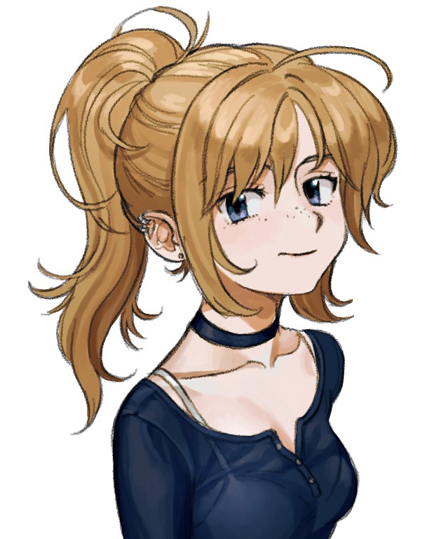 1girl, blonde_hair, blue_eyes, blue_shirt, breasts, choker, closed_mouth, collarbone, cookd_shrimp, ear_piercing, earrings, freckles, jewelry, original, piercing, ponytail, shirt, simple_background, solo, stud_earrings, upper_body, white_background