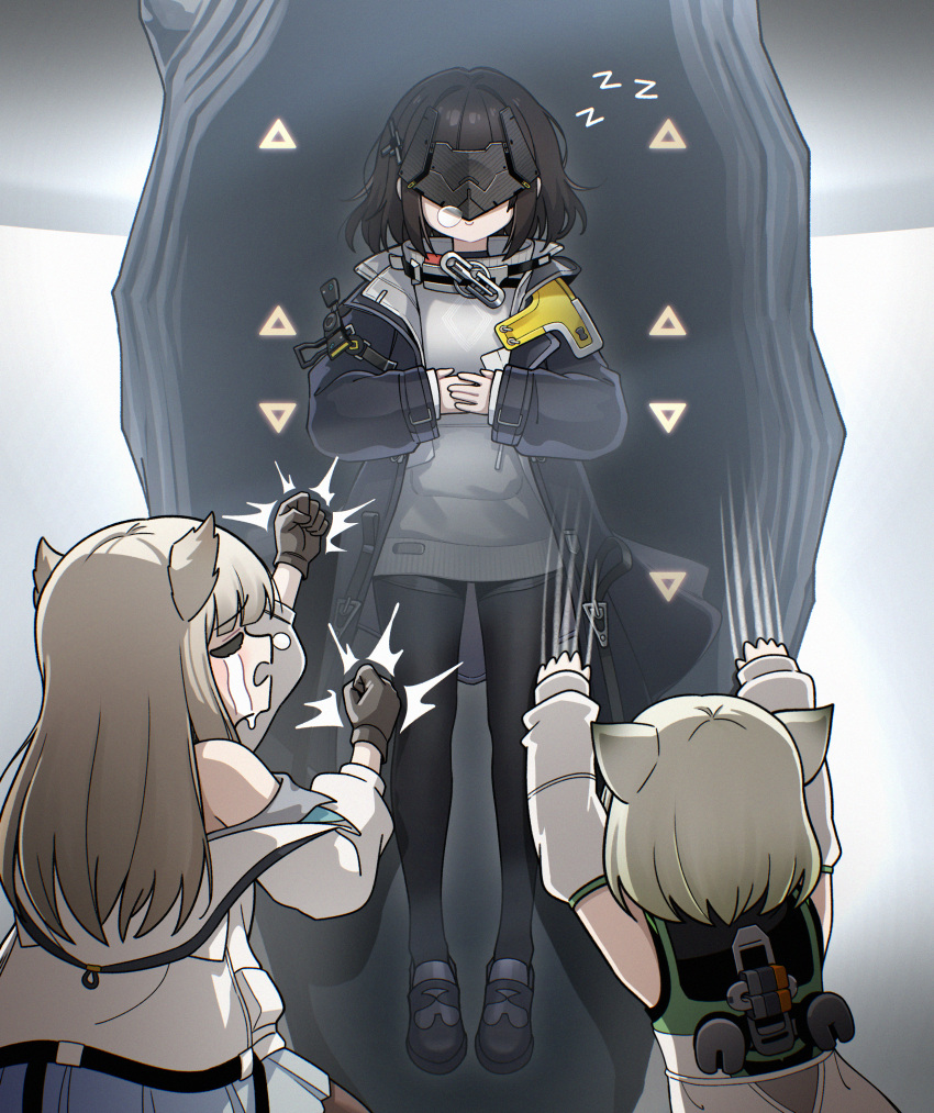 3girls, absurdres, animal_ears, arknights, arknights:_endfield, bare_shoulders, bird_ears, bird_girl, black_coat, black_gloves, black_hair, black_pantyhose, clawing, closed_mouth, coat, commentary_request, crying, endfield_lynx_girl_(arknights), endministrator_(arknights), eye_mask, female_endministrator_(arknights), from_behind, full_body, gloves, golmonggu, grey_sweater, highres, hitting, hood, hooded_coat, jacket, korean_commentary, long_hair, long_sleeves, medium_hair, multiple_girls, nose_bubble, open_clothes, open_coat, open_mouth, pantyhose, perlica_(arknights), ribbed_sweater, sleeping, smile, sweater, upper_body, white_jacket, zzz
