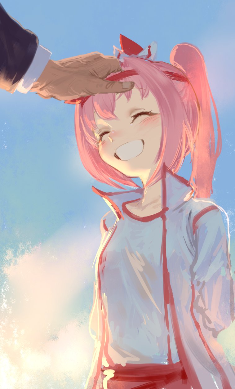 1girl, 1other, animal_ears, closed_eyes, ear_covers, grin, happy, haru_urara_(umamusume)