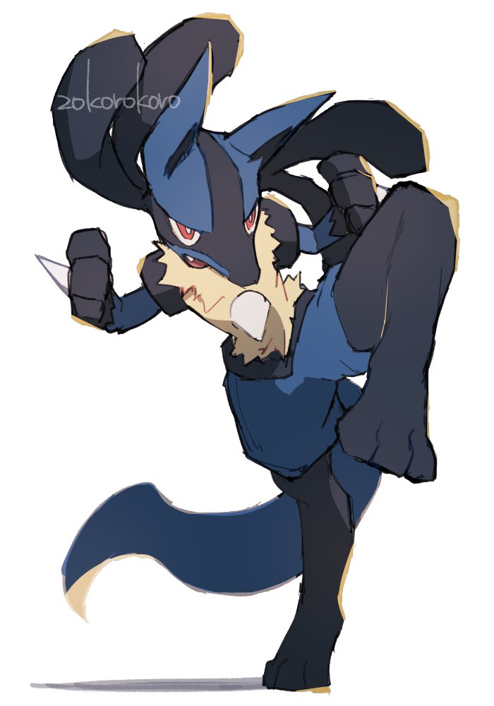1other, black_fur, blue_fur, fang, furry, korosliszt, looking_at_viewer, lucario