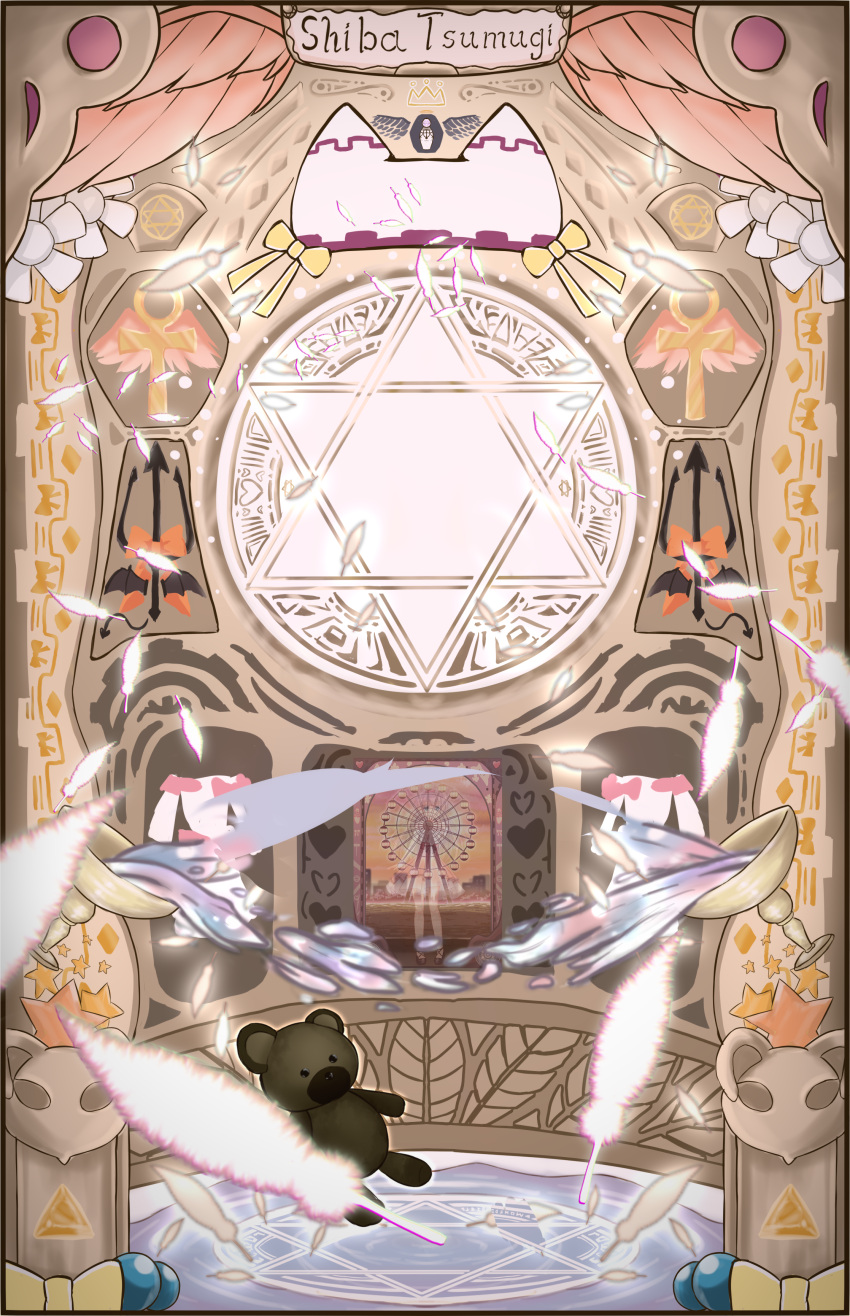 absurdres, altar, animal_ear_headwear, bow, character_name, character_print, commentary_request, cross