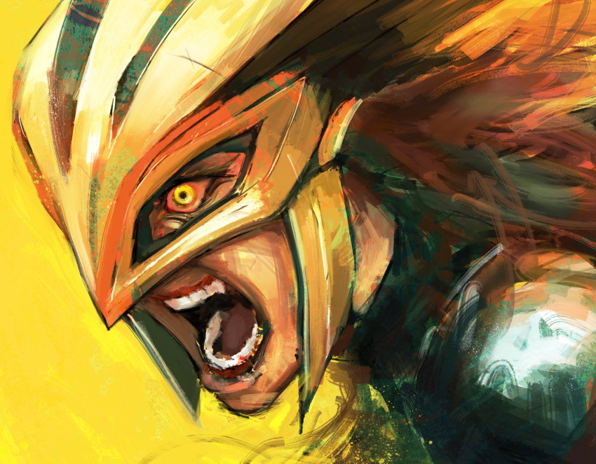 1girl, black_shirt, brown_hair, colored_sclera, commentary, dc_comics, dc_universe_(franchise), english_commentary, from_side, hawkgirl, highres, kendra_saunders, kyezzzz, mask, open_mouth, portrait, profile, shirt, shouting, simple_background, solo, superhero_costume, superman_(2025), teeth, upper_body, wide-eyed, yellow_background, yellow_eyes