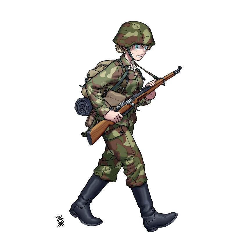 1girl, absurdres, ammunition_pouch, backpack, bag, bedroll, black_boots, blonde_hair