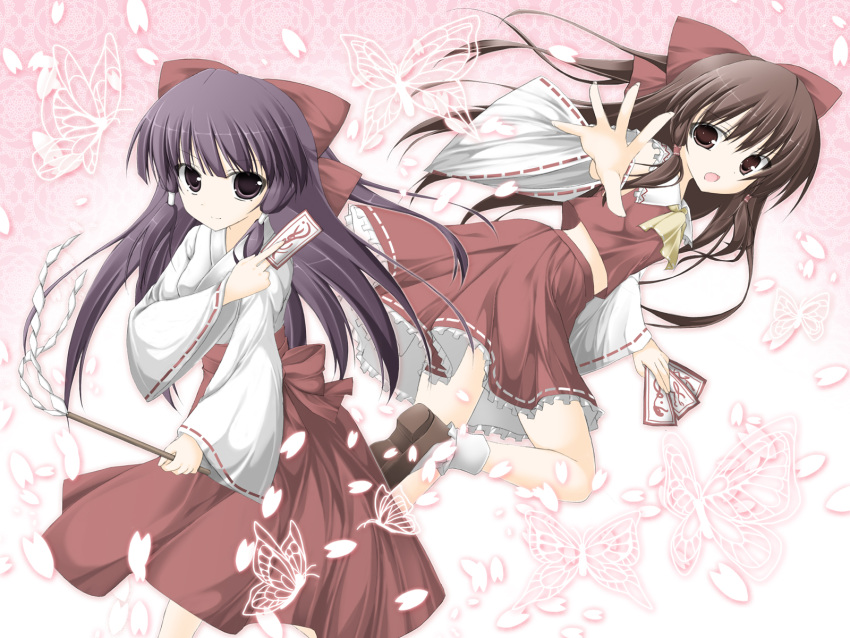 ascot, bobby_socks, bow, brown_eyes, brown_hair, butterfly, cherry_blossoms, detached_sleeves