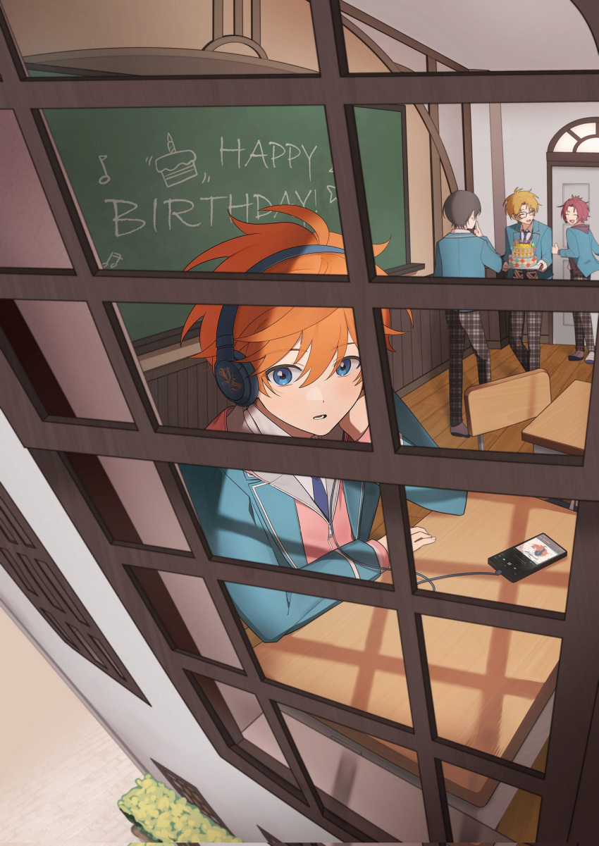 4boys, akehoshi_subaru, arm_rest, bbahot, black_hair, blazer, blonde_hair, blue_eyes