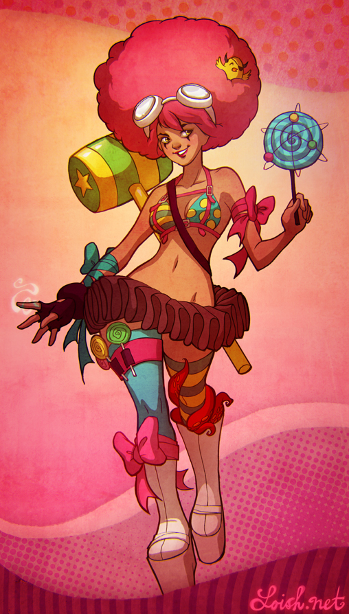 arm_ribbon, aviator_glasses, bare_shoulders, bikini_top, blush, boots, candy, fingerless_gloves, glasses_on_head, gloves, goggles, lipstick, loish, lollipop, looking_at_viewer, makeup, microskirt, mismatched_legwear, navel, original, pink_hair, ribbon, solo, striped, striped_legwear, striped_thighhighs, tentacle, tentacles, thighhighs, watermark, wide_hips