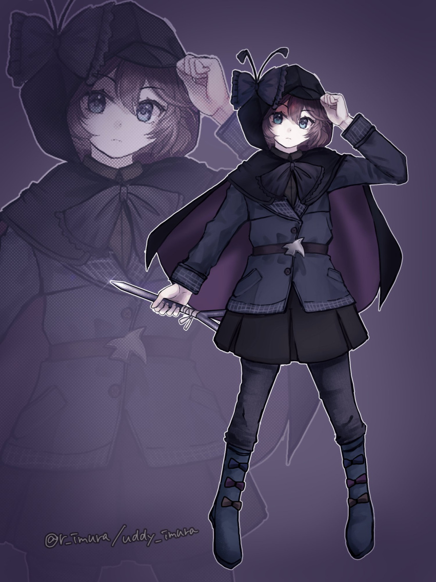 1girl, adjusting_clothes, adjusting_headwear, alternate_costume, black_boots, black_bow, black_bowtie, black_cape