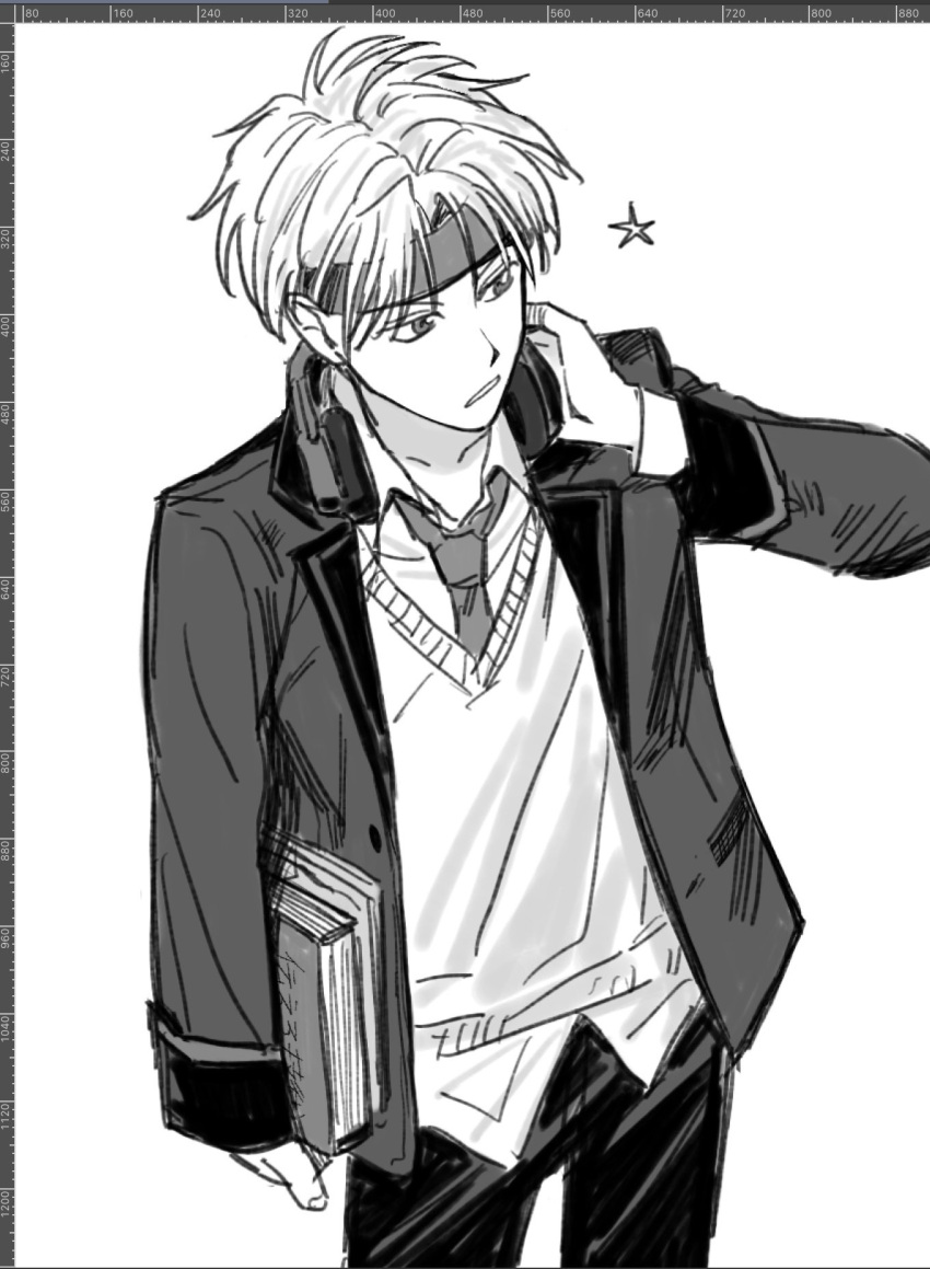 1boy, art_program_in_frame, book, collared_shirt, cowboy_shot, greyscale, hand_on_headphones, headband, headphones, headphones_around_neck, highres, holding, holding_book, jacket, lapels, long_sleeves, looking_ahead, male_focus, mm1599699480328, monochrome, necktie, notched_lapels, open_clothes, open_jacket, pants, puyopuyo, puyopuyo_quest, schezo_wegey, school_uniform, shirt, short_hair, simple_background, solo, star_(symbol), wing_collar