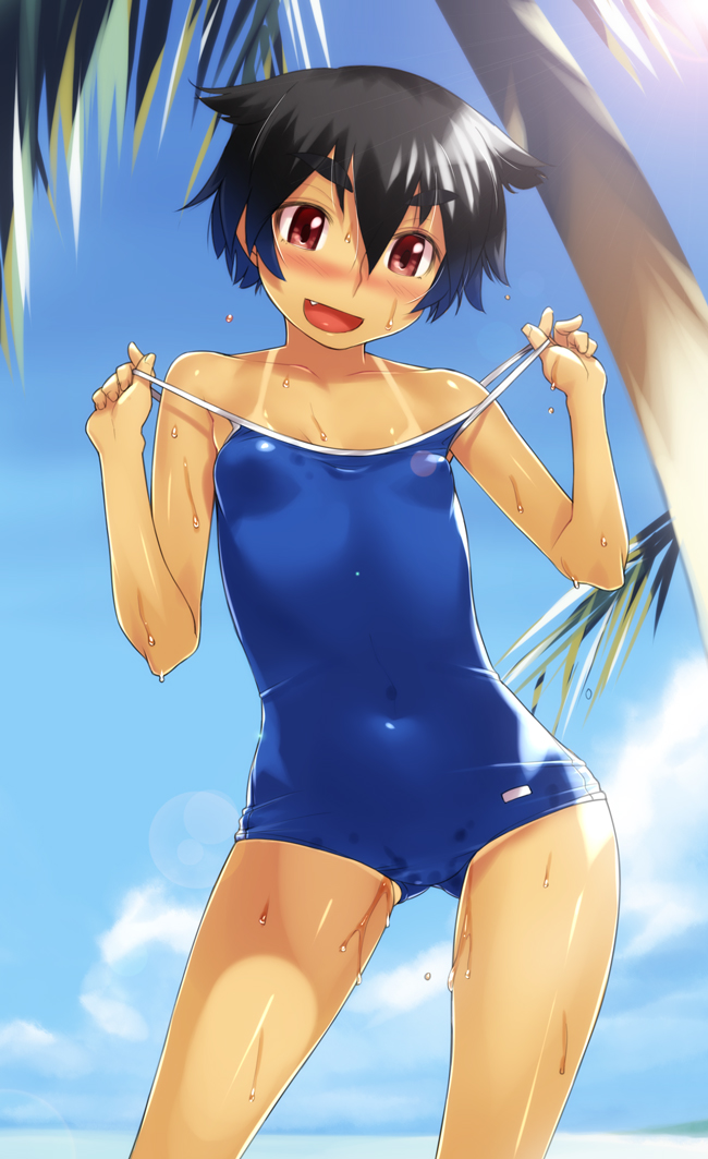 :d, black_hair, blush, cloud, collarbone, copyright_request, fang, flat_chest
