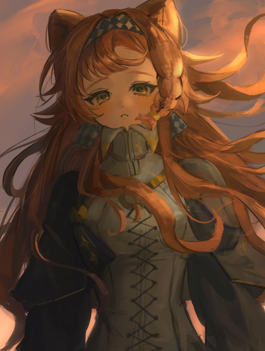 1girl, checkered_hairband, collared_dress, dress, green_eyes, grey_cloak, grey_sleeves, hairband