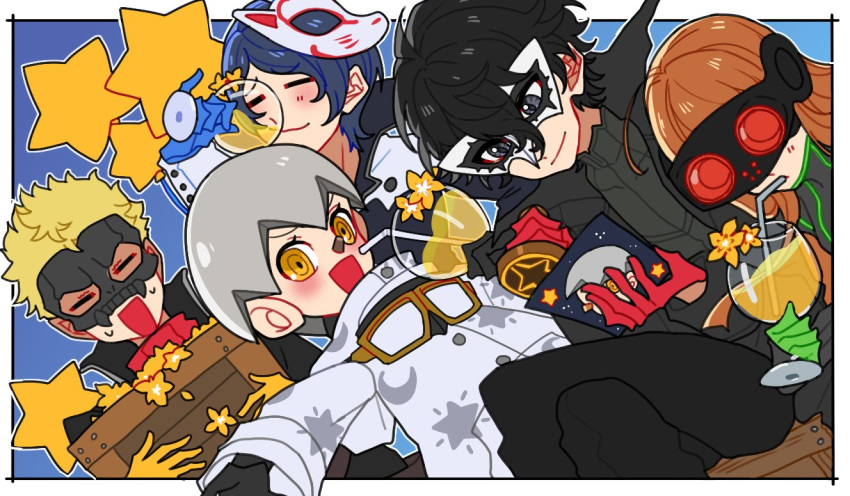 1girl, 4boys, =_=, ahoge, amamiya_ren, black_coat, black_gloves, black_hair