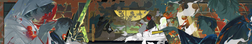 4boys, black_kimono, brown_eyes, brown_hair, burning, character_request, choko_(cup), closed_eyes