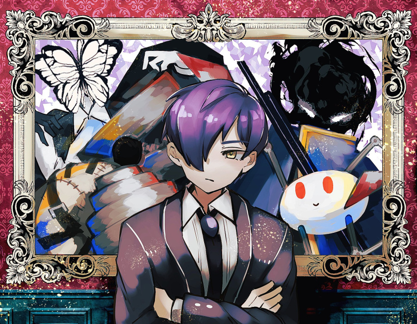 1boy, all-around_helper, black_necktie, blue_cloak, border, bug, butterfly, cloak