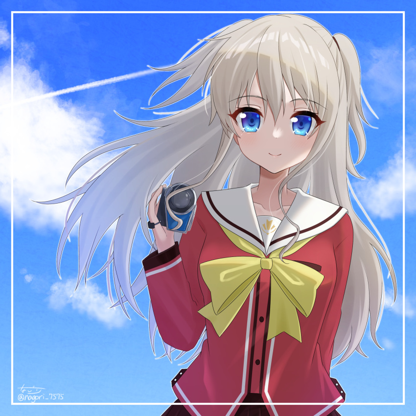 1girl, arm_behind_back, blue_eyes, blue_sky, bow, camera, charlotte_(anime), closed_mouth