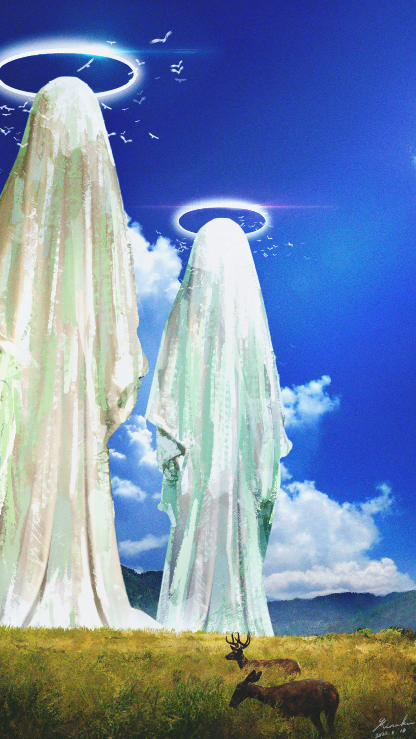 2others, ambiguous_gender, animal, artist_name, blue_sky, clouds, commentary_request, dated
