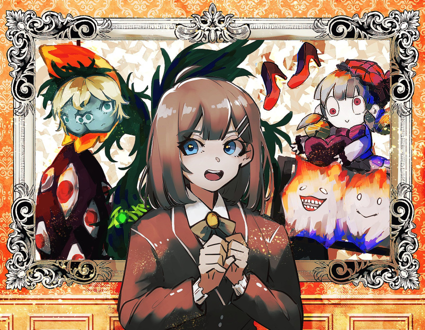 1girl, ahoge, blue_eyes, border, bow, bowtie, brown_coat, brown_hair