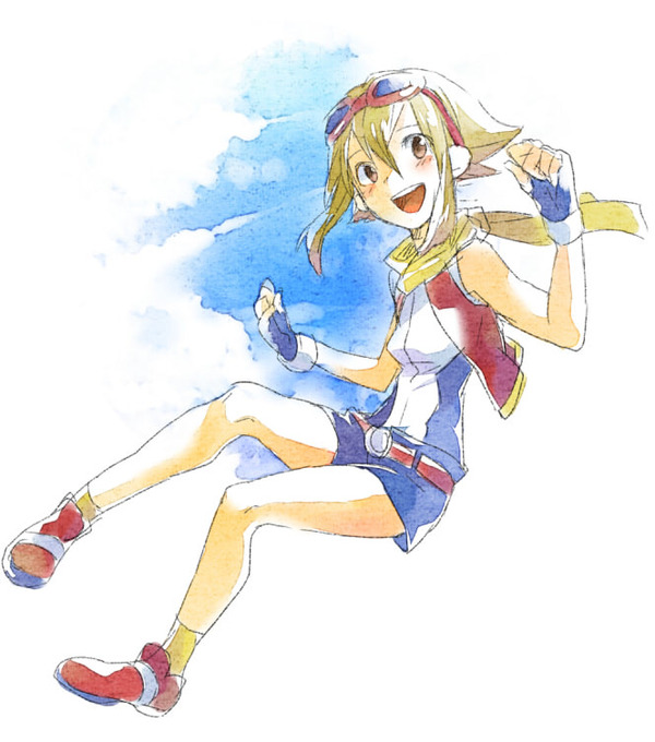 1girl, :d, blue_gloves, blue_shorts, blush, brown_eyes, brown_hair, fingerless_gloves