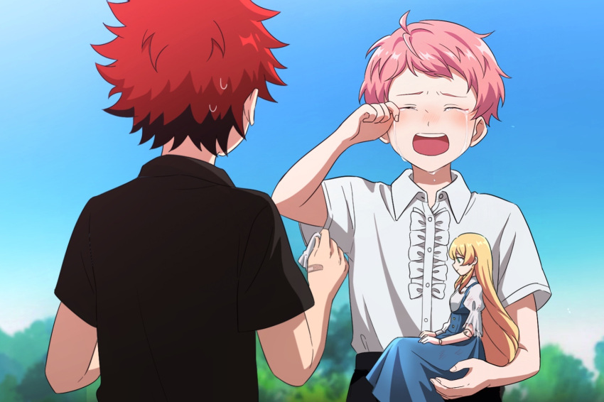 2boys, aged_down, bandaid, bandaid_on_hand, black_shirt, blonde_hair, buttons, child
