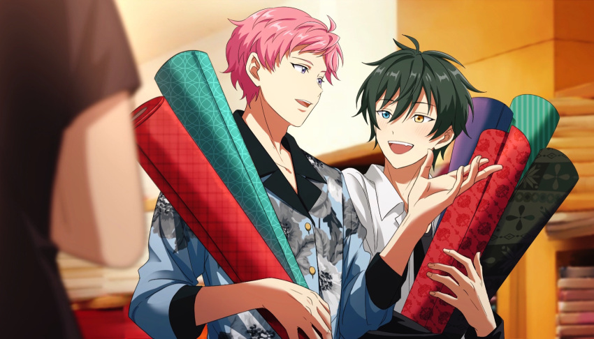 1other, 2boys, blue_eyes, blurry, blurry_background, blush, buttons, collared_shirt