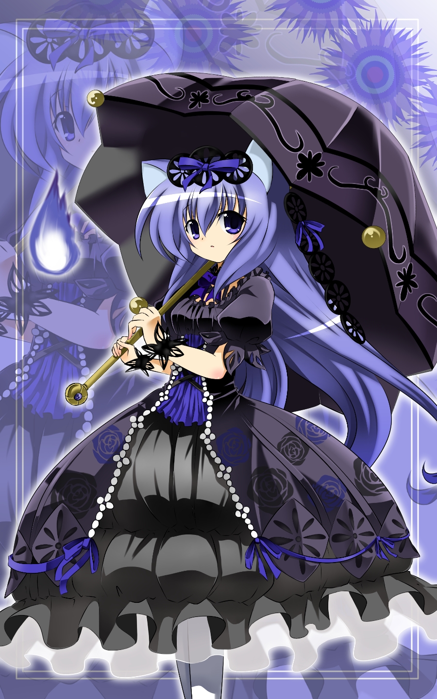 1girl, black_dress, black_hairband, black_umbrella, black_wrist_cuffs, blue_dress, blue_eyes, blue_hair