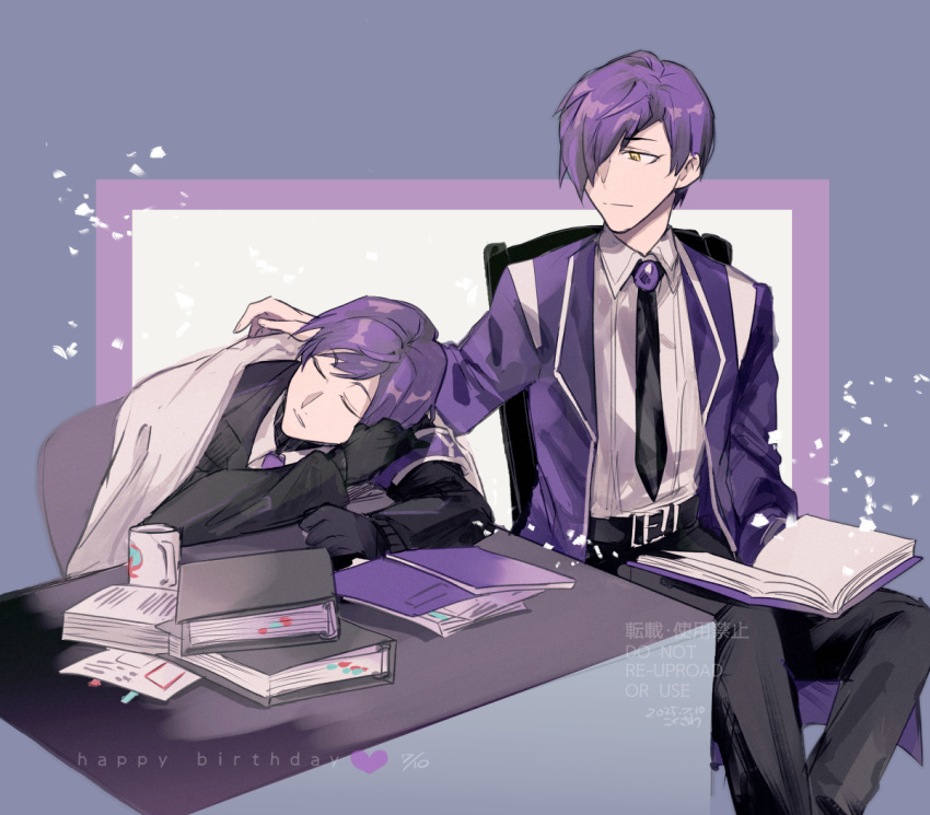 2boys, armband, black_gloves, black_jacket, black_necktie, book, closed_mouth, coat