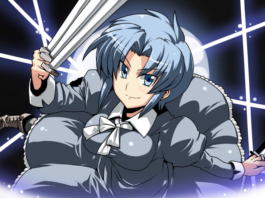 black_key, blue_eyes, blue_hair, ciel, highres, short_hair, sword, tsuki_wani
