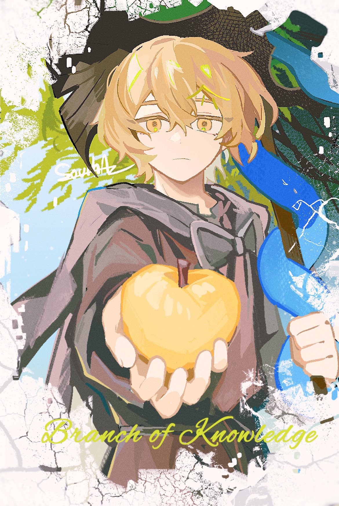 1boy, apple, axe, blonde_hair, branch_of_knowledge_(e.g.o), brown_cloak, cloak, food