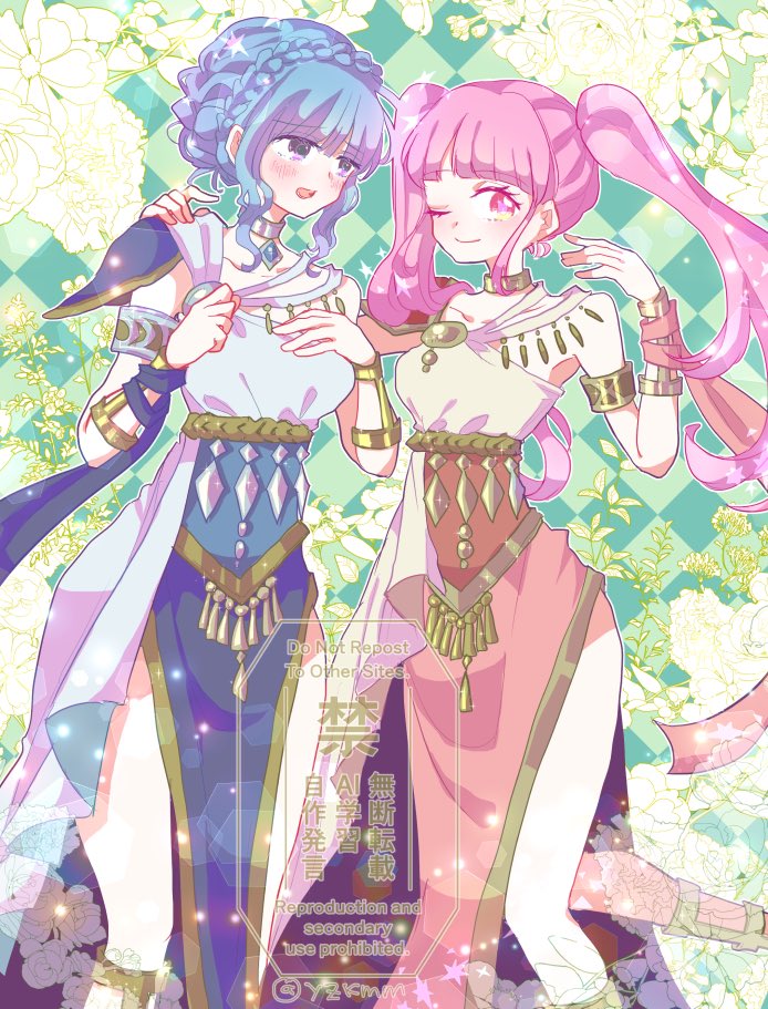 2girls, alternate_costume, ancient_greek_clothes, armlet, blue_dress, blue_gemstone, blue_hair, blush