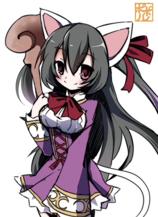 1girl, animal_ears, artist_name, black_hair, bow, breasts, cat_ears, cat_tail