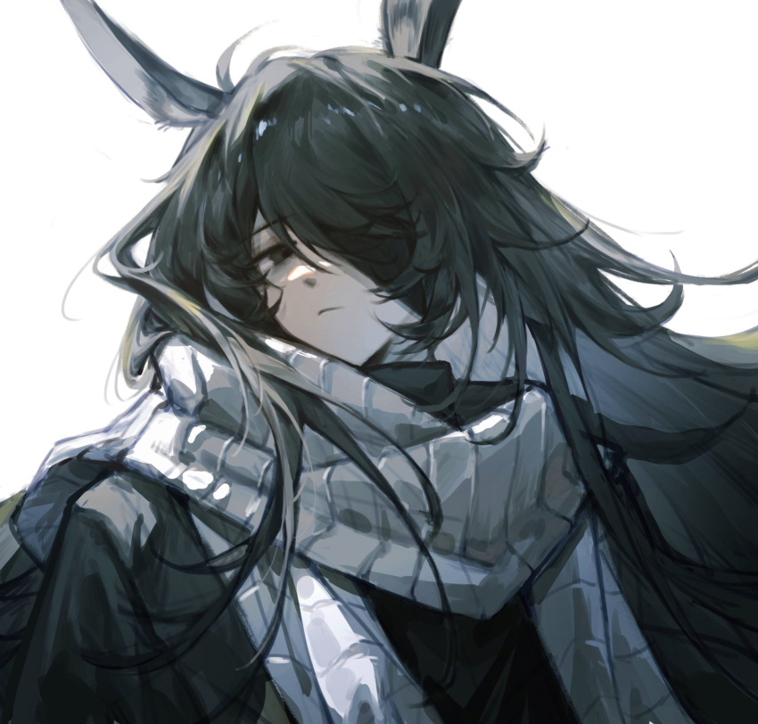 1boy, animal_ears, bandage_over_one_eye, black_eyes, black_hair, black_hanfu, chinese_clothes, grey_scarf