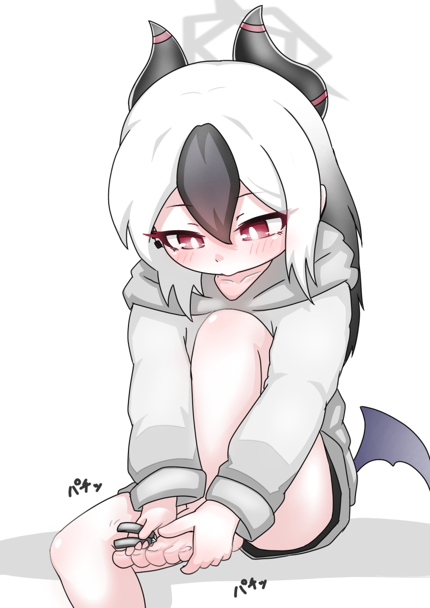 1girl, applying_pedicure, bare_legs, barefoot, black_hair, blue_archive, blush, clipping_toenails